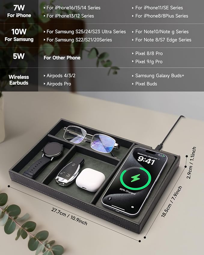 Valet Tray, Built in Wireless Charging Pad, Nightstand Organizer, Two-Toned Premium Vegan Leather Desk Bedside Caddy Organizer Tray for Keys, Watch, Wallet, Jewelry (Black+Green)