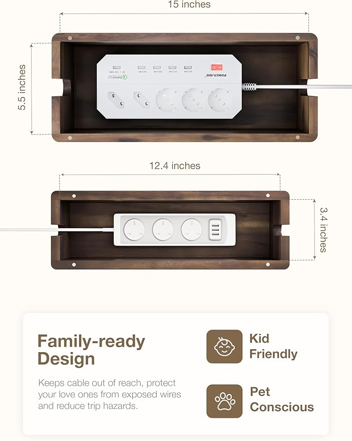 TIDITA Acacia Large Cable Management Box - Set of 2 Cord Box Hider for Office - Cable Hider Box, Surge Protector Box for TV Wires, Desk - Power Strip Box with 2 Open Slots, Magnetic Lid (Walnut color)