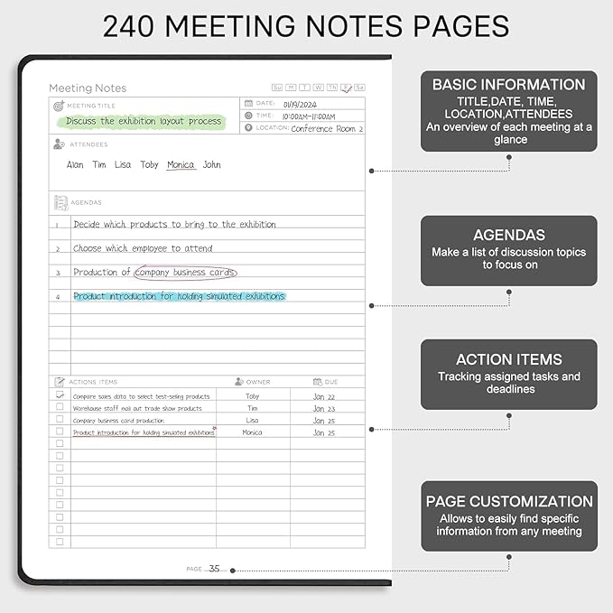 EMSHOI Meeting Notebook for Work with Sticky Tabs - 240 Pages, A4 Size Project Planner, PU Leather Meeting Agenda/Minutes Organizer for Women Men, Note Taking, Office & Business, 8.3"x11.7", Black