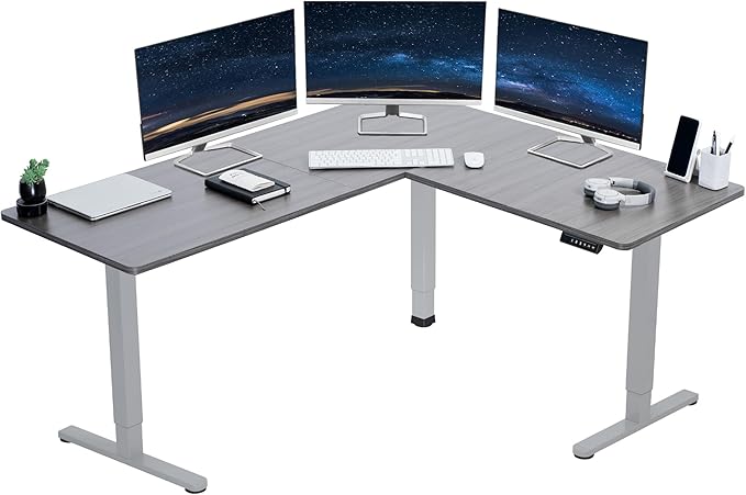 VIVO Electric Corner 63 x 55 inch L-Shaped Standing Desk, Memory Height Adjustment, Dark Gray Top Gray Frame, DESK-E3CTGG