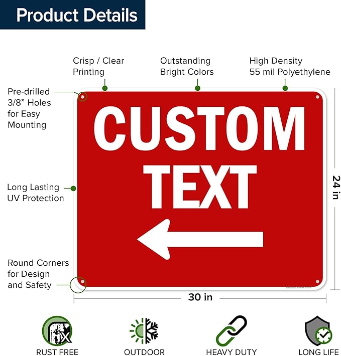 Custom Arrow,Custom Directional Sign, Left Arrow,24x30 Inches, 55 mil thick HDPE (high density polyethylene) Made in USA by My Sign Center