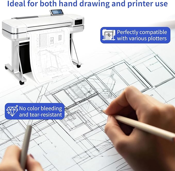 Wide Format Paper 24 In x 150 Ft,4 RollsPlotter Paper on 2" Core, CAD Bond Rolls for CAD Printing on Wide Format Ink Jet Printers,Choice for Engineering Plans, Architectural Designs and GIS Maps
