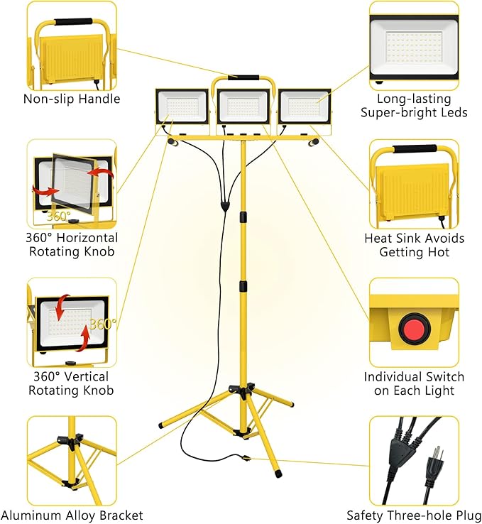 21000 Lumens Work Lights with Stand, 3 Head Portable LED Work Light,IP65 Waterproof Led Flood Light for Outdoor Indoor Job Site Workshop Garage Construction Site Lighting