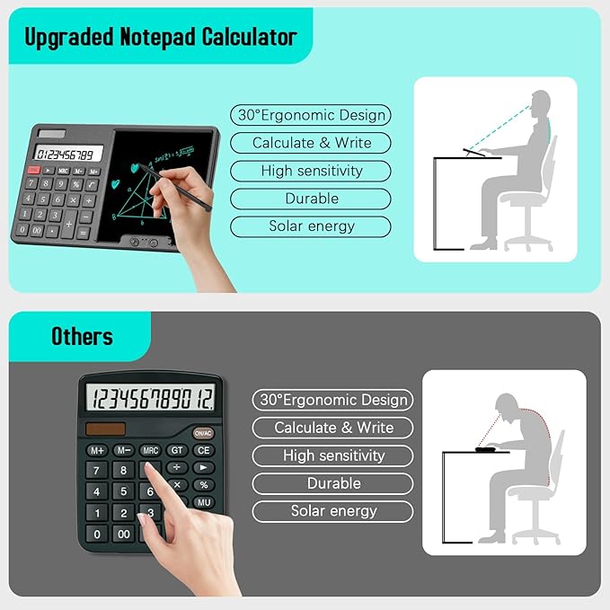 HIHUHEN Calculator with Writing Pad - Solar & Battery Dual Power Supply - 12-Digit Large Display Calculator for Business and Office Use (Black)