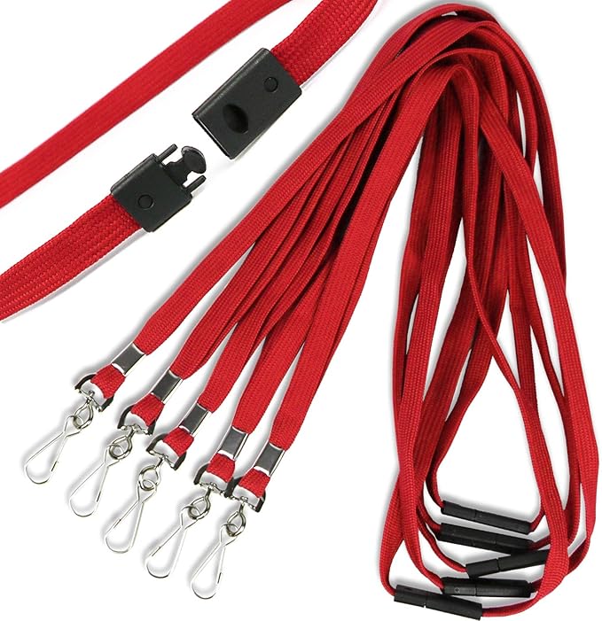 Ollain 25 Pack Breakaway Lanyard with J-Hook Bulk Flat Lanyards for Name tag ID Badges (Red, Breakaway 25 Pack)