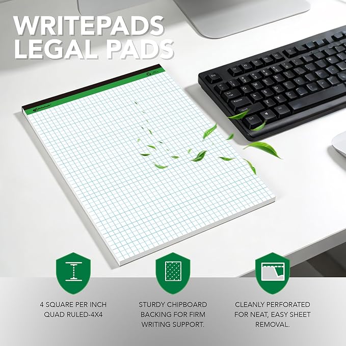 KAISA Graph Paper Legal Pads Writing Pads Recycled Paper 8.5"x11.75" Quad Ruled 4x4 Perforated 50sheets/pad Grid Paper Notepads Writing Tablet White For Office Supplies (White 6pad, 8.5x11.75'')