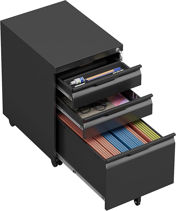 LONGLINK 3 Drawer Mobile File Cabinet with Lock,Under Desk Metal Filing Cabinets with Wheels for Home Office Organizer Letters/Legal/A4(Easy Assemble-Black)