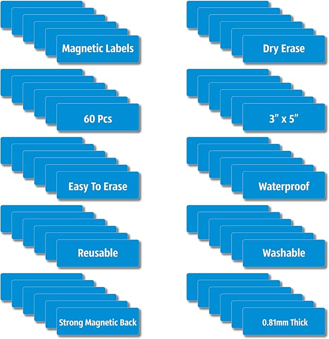 Magnetic Dry Erase Magnets Labels 3x1 inches, Reusable Name Tags, Organizing Schedules in Office/Classroom. Work on Fridge/White Board (Blue 60Pcs)