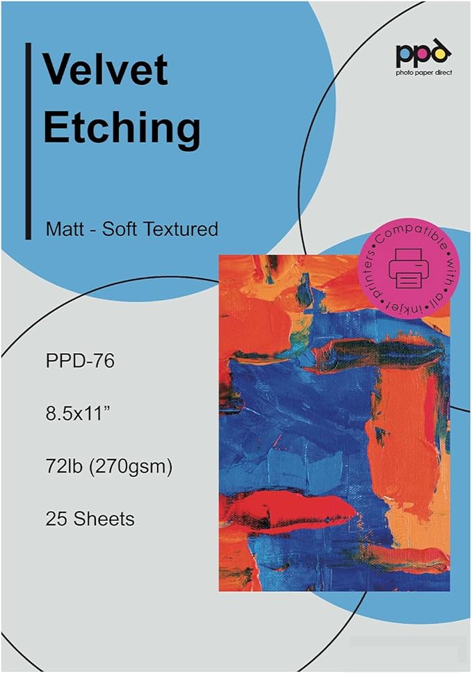 PPD 25 Sheets Inkjet White Giclee Archival Velvet Etching Fine Art Printer Paper 8.5x11 72lbs 270gsm (PPD076-25)