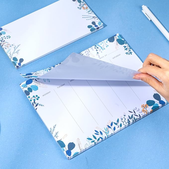 Weekly Planner Notepad Tear Off Set of 2 Weekly Calendar Pad 52 Undated To Do List Notepad Sheets Desk Planner Planning Pads Productivity Tracker for Work Goals Notes Schedule Ideas, Floral Blue