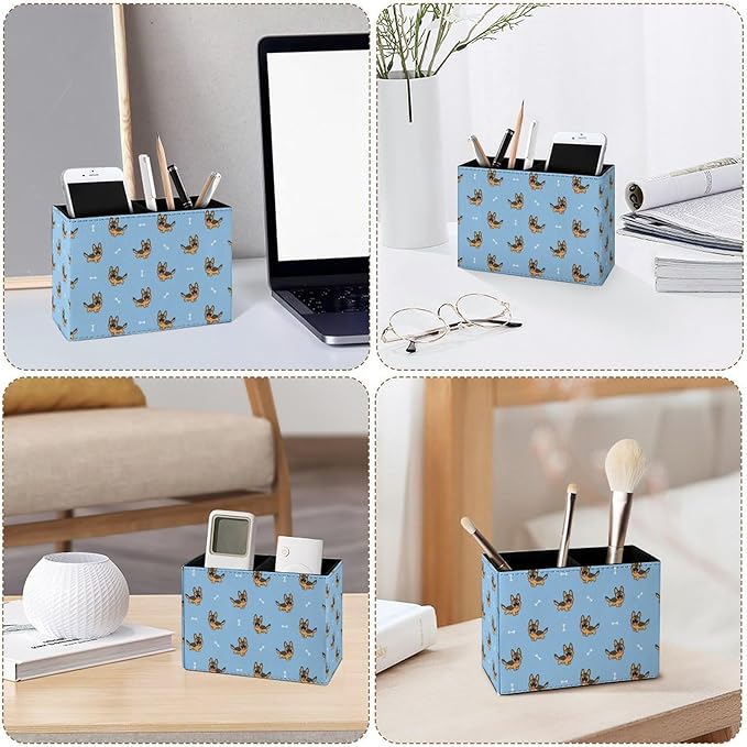 Famame Little German Shepherd Dog Pencil Holder for Desk, Leather Desktop Container Pen Cup Storage Study Table Pen Organizer Makeup Brushes Holder for Office Home