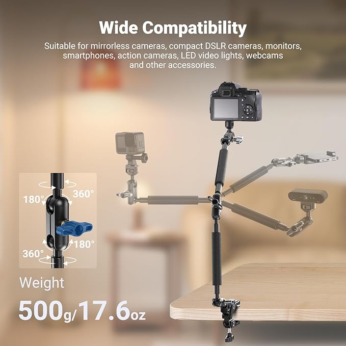 NEEWER 22" Magic Arm w Desk C Clamp, Overhead Camera Mount with Articulating Mic Boom Arm 1/4" 3/8" Threads for ARRI, Desktop Stand Holder for Phone Microphone Webcam Action Camera Video Light, UA057