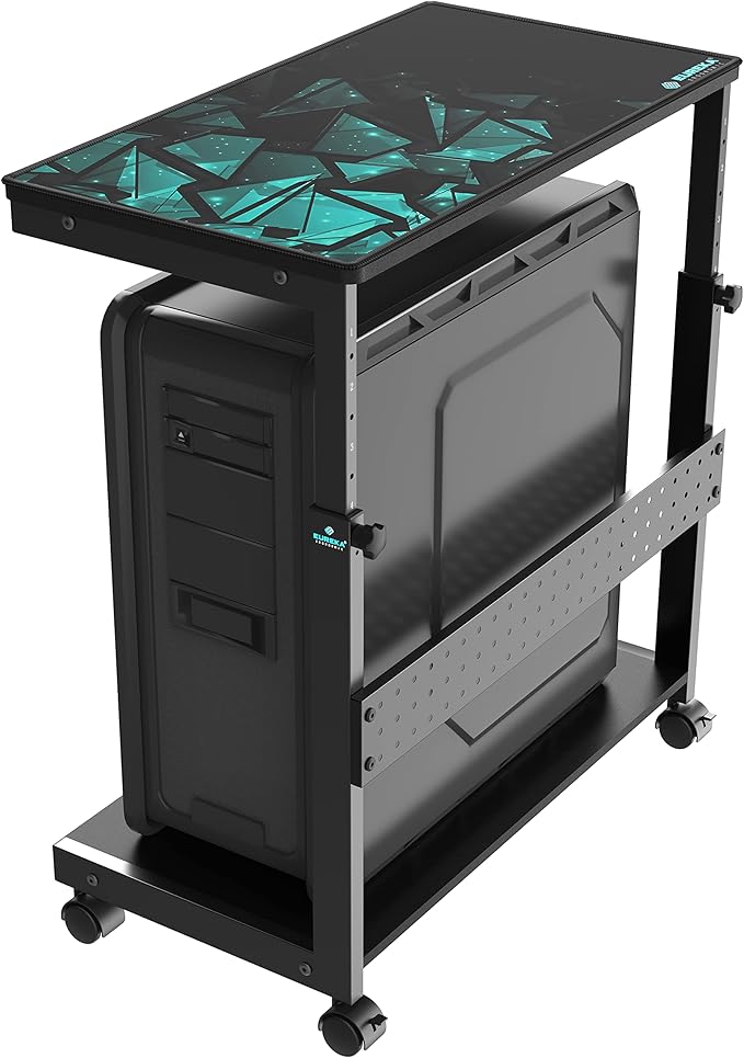 EUREKA ERGONOMIC PC Stand Computer Cart, Height Adjustable Tower Stand 2-Tier Suit for ATX Case Printer, Metal Rolling Cart on Wheels for Gaming Home Office, Black