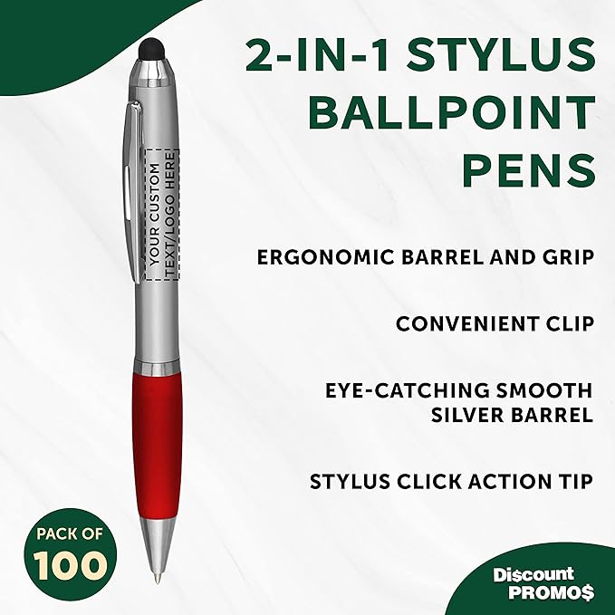 DISCOUNT PROMOS Custom Stylus Ballpoint Pens Set of 100, Personalized Bulk Pack - Black Ink, Great for Office, School, Business, Tradeshows, Events - Red