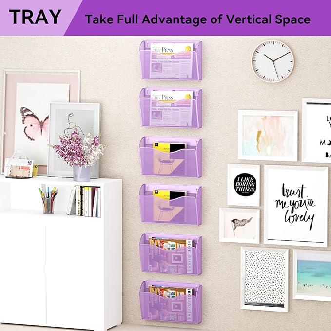 GDINDINFAN 3 Single Pocket Wall File Holder, Mesh Hanging File Folder Paper Organizer, Vertical Wall Mounted Mail Basket, Storage Organization Magazine Rack for Office, Home and School, Light Purple