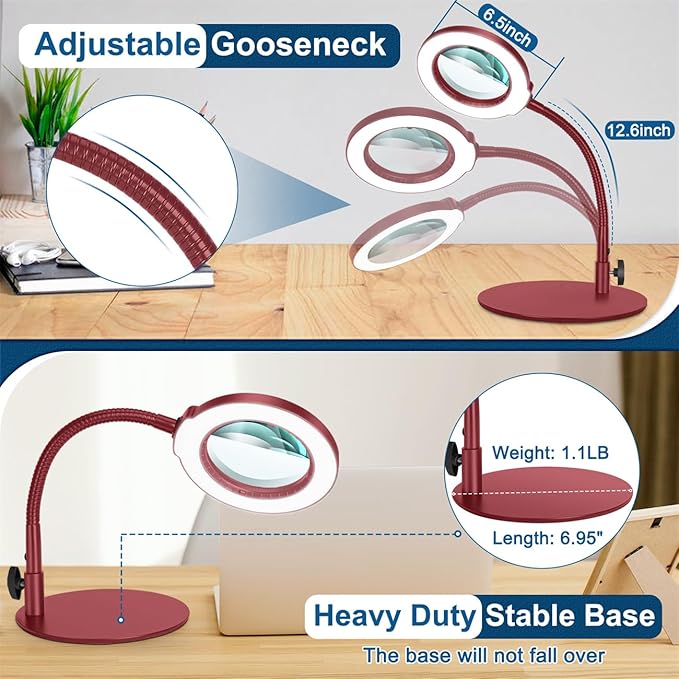 IVMAIE 10X Magnifying Glass with Light, Real Glass Lens, 5 Color Modes Dimmable, Flexible Gooseneck Lighted Magnifier with Stand, LED Desk Lamp Hands Free for Crafts Painting Reading Close Work, Red