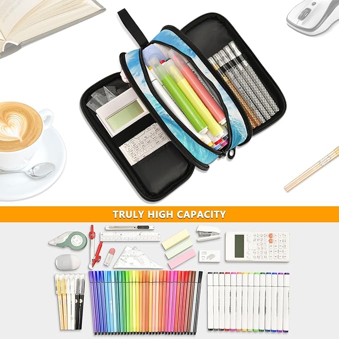 BOENLE Custom Shark Blue Ocean Wave Pencil Case Box Boys Girls Personalized Name Large Pencil Pouch Stationery Pen Bag Organizer for Kids Adults School Office