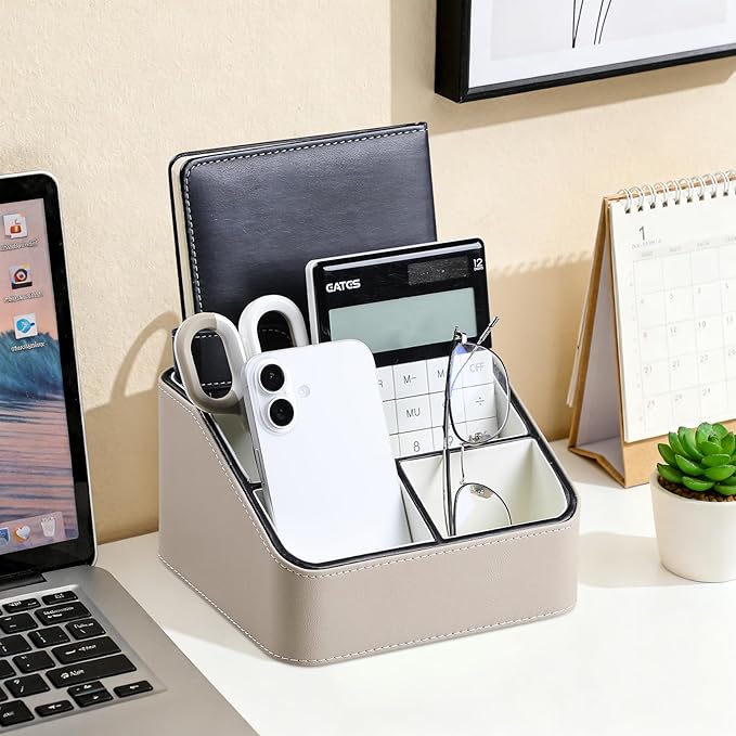 MEIBOOCH Remote Control Holder, PU Leather Small Desk Organizer with 4 Compartments, Nightstand Organizer Desk Caddy for Remote, Notepad, Phone, Glasses, and Accessories (Beige)