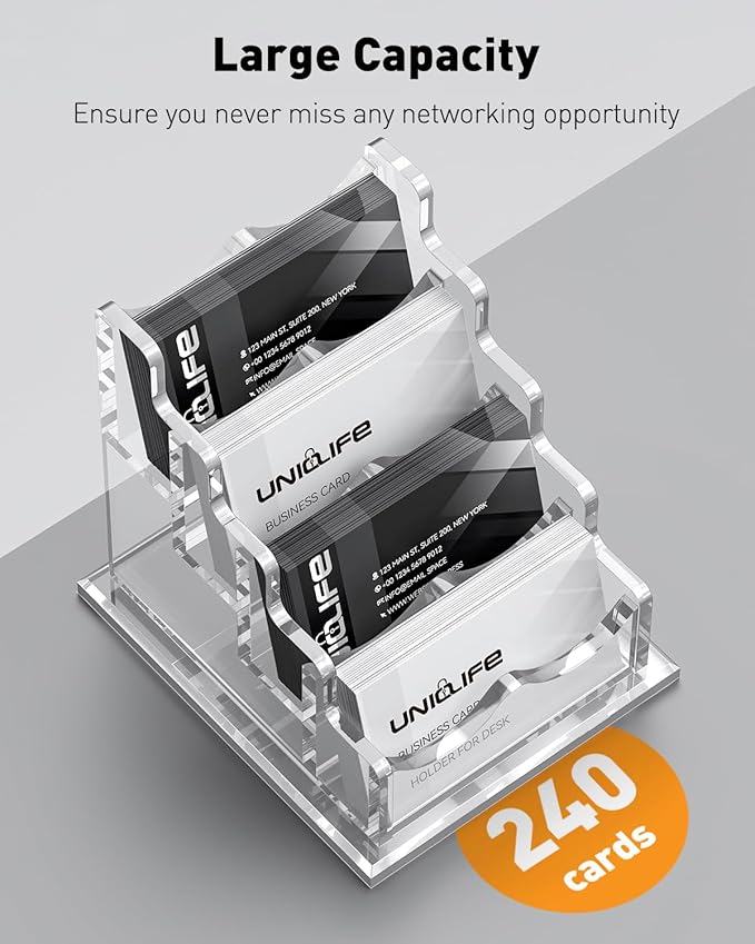 Uniclife Acrylic Business Card Holder for Desk 4 Slots Clear Horizontal Business Card Display Stand for Men & Women Desktop Name Card Organizer Card Stand for Office Home Exhibition, 240 Card Capacity