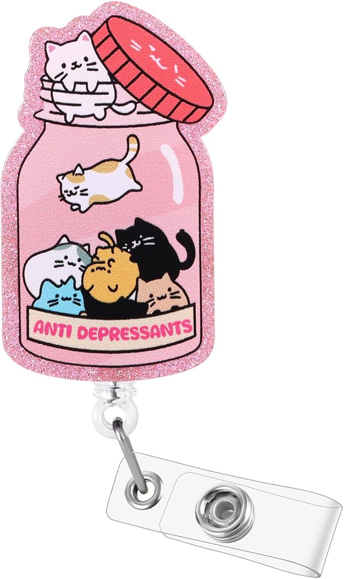 Anti Depressants Funny Cat Nurse Badge Reel, Cute Pink Retractable ID Card Badge Holder with Alligator Clip, Name Tag Medical Badge Buddy for Nurse Psychiatrist Psychotherapist Medical Staff Cat Lover