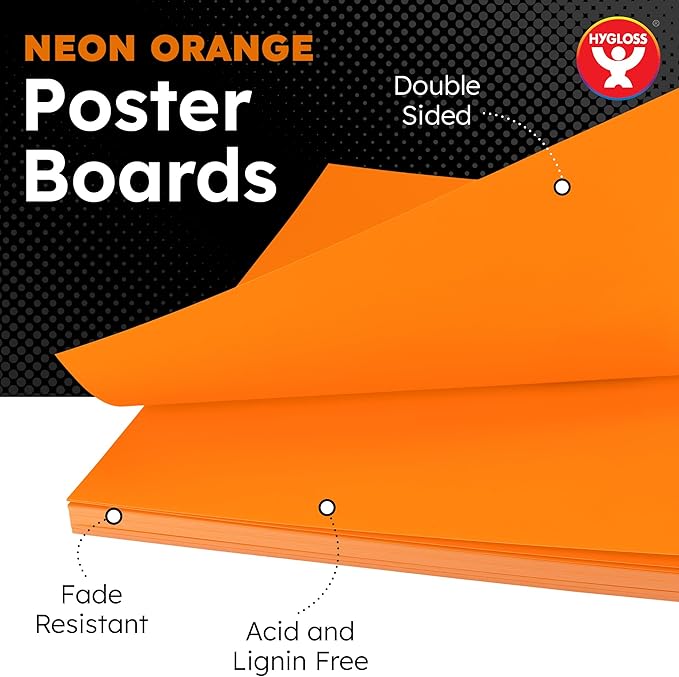Hygloss Large Poster Board 22x28 - 25 Neon Orange Single Color Poster Boards Bulk Pack - 10 Pt. Thickness Colored Poster Board Paper for Projects, Signs, Displays - Posterboard Multipack 22" x 28"