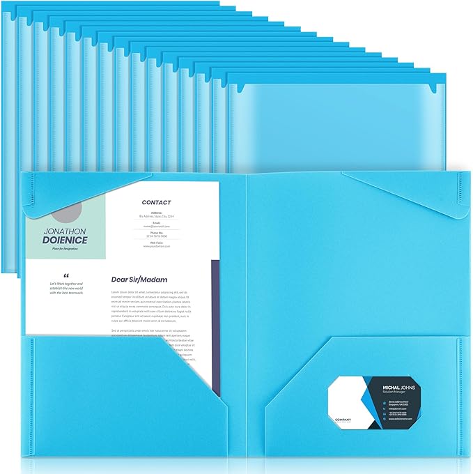 Henoyso 36 Pcs Plastic Folders with Clear Front Pockets Heavy Duty File Folders with 2 Pockets and Card Slot for Student Communication School Office Presentation Report (Light Blue)