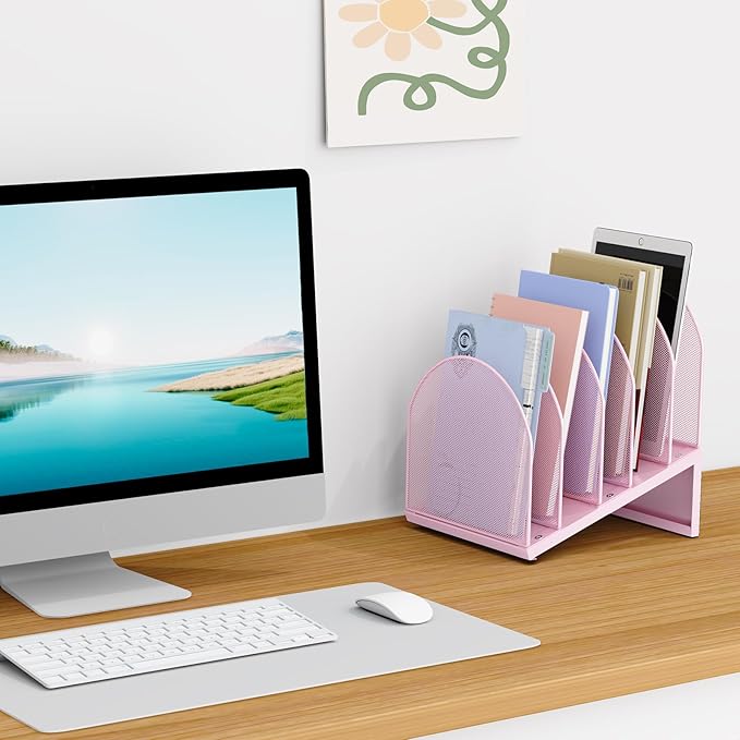 OUTIOE 5-Section Desk File Organizer, Metal Mesh Folder Organizer for Documents, Mail & Office Papers (Pink)