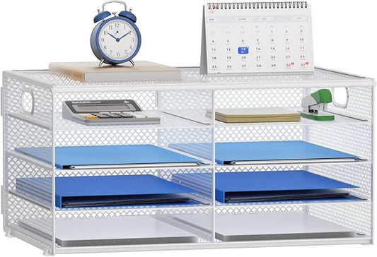 Lavatino 8 Compartments Paper Organizer for Desk, Mesh Literature Organizer, Mail File Sorter Tray with Handle, Desktop Mailbox for Office Classroom Home, White