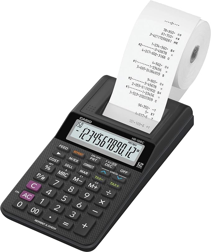 Casio HR-10RC Mini Desktop Printing Calculator | Portable | 12-Digit Display | One-Color Printer | Tax & Currency | Ideal for Taxes, Bookkeeping & Accounting Tasks, Black