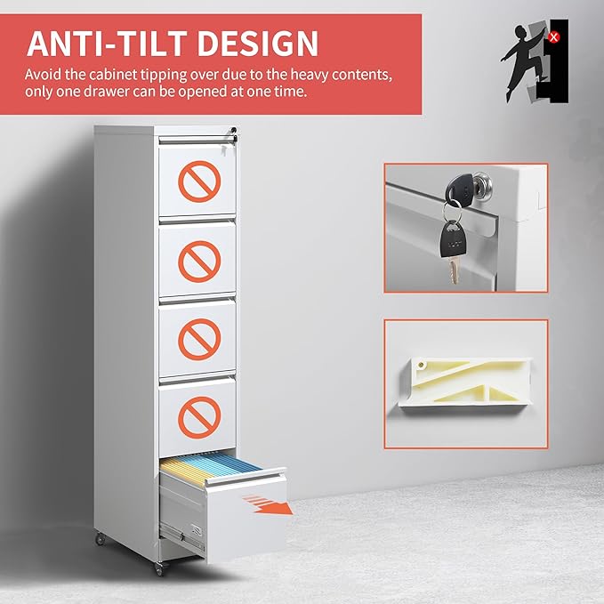 IKIMI 5 Drawer File Cabinet with Wheels,Metal Mobile Filing Cabinets with Lock,Vertical File Cabinet for Home Office,Heavy Duty Storage Cabinet for A4/Letter/Legal Size File,Assembly Required