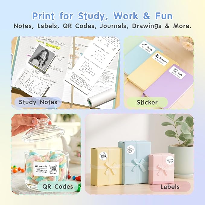 Gloryang JD-23 Sticker Printer, Mini Portable Thermal Printer Print Pod, Inkless Bluetooth Label Maker with Smart App for Phone & Tablet for Office & Home Use, 2 Rolls Sticker Paper, White