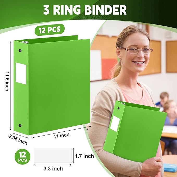 Henoyso 12 Pcs 3 Ring Binder 2 Inch Round Fits Letter Size 8.5'' x 11'' Paper Plastic Flexible Binder Bulk Holds 490 Sheets with 1 Pockets Versatile Organizer for Home Office School (Tender Green)