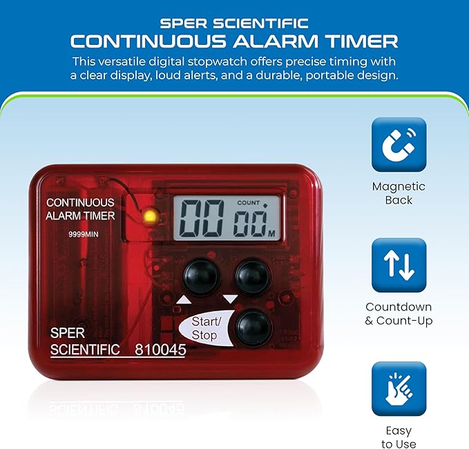 Sper Scientific Continuous Alarm Timer with Count Up Count Down & Visual Indicator 810045 - Bright LED Alarm & 9999-Minute Range - Portable Design for Cooking, Experiments, Fitness & More