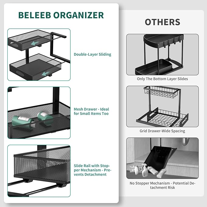Beleeb Under Sink Organizer, Extra-Wide Upgrade, 1-Pack of 2-Tier Metal Slide Out Cabinet Organizer, Height Adjustable Organization and Storage Series, Bathroom/Cabinet/Kitchen organization, Black