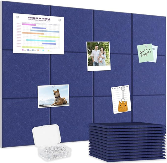 Smarpau Large Cork Board for Walls, 12 Pack Square Bulletin Board, 48"x36" Pin Board with Pushpins Removable Security Stickers, Felt Wall Tiles for Office Home Decoration-Deep Blue