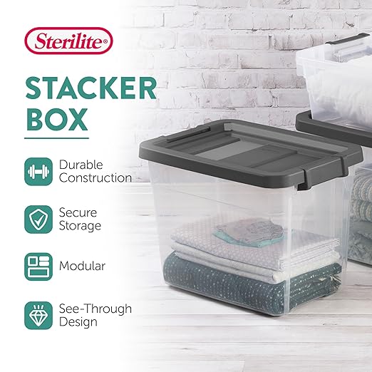 Sterilite 12-Pack Modular Stacker Box, Durable Clear Plastic Storage Bins with Latching Lids, 30 Quart - Stackable Organizing Container Boxes for Closet, Bathroom, and Office