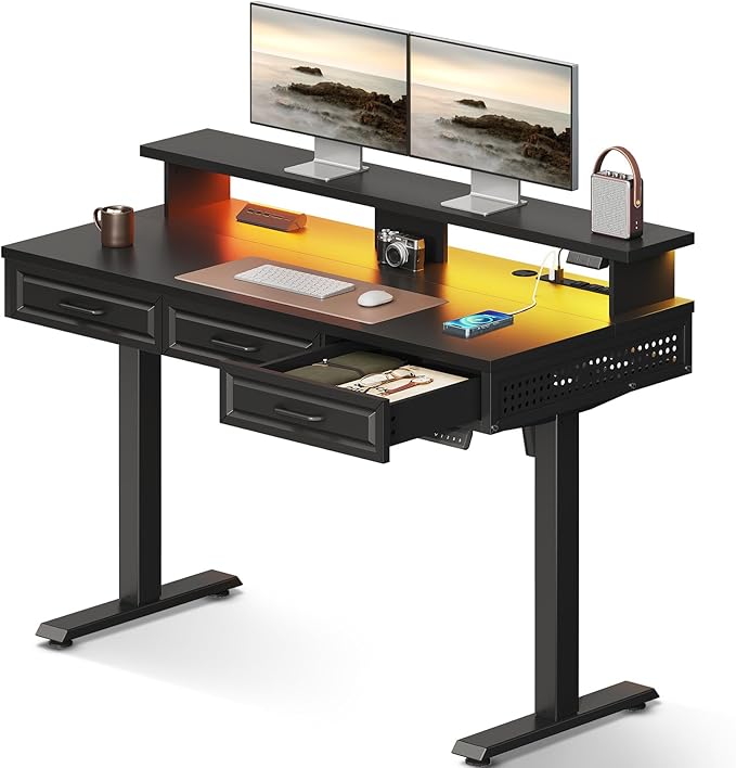 OffiGo Electric Standing Desk with 3 Wooden Drawers, 48 Inch Height Adjustable Desk with Power Outlets & LED Lights, Black Sit Stand Table with Monitor Stand for Home, Office, Workstation