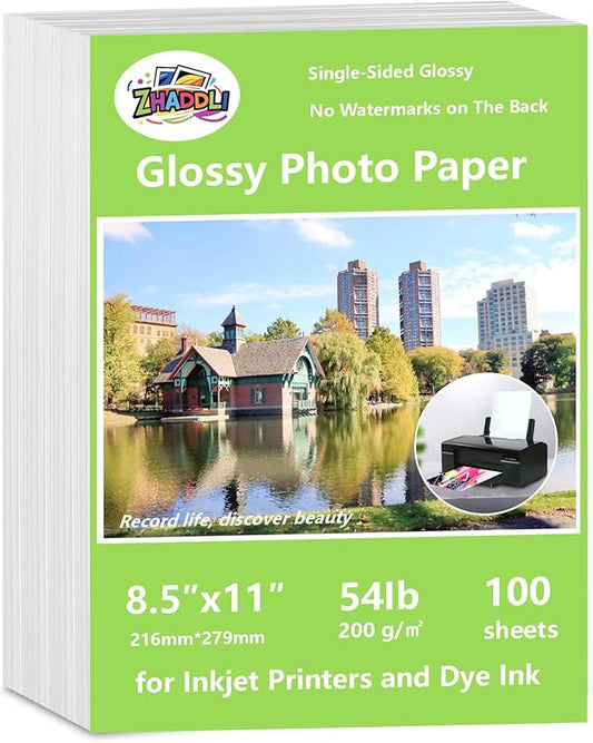 ZHADDLI Inkjet Glossy Photo Paper, 8.5X11 Inches,Pack of 100 Sheets, Compatible with Inkjet Printer Use DYE INK，Glossy Inkjet Paper 200gsm
