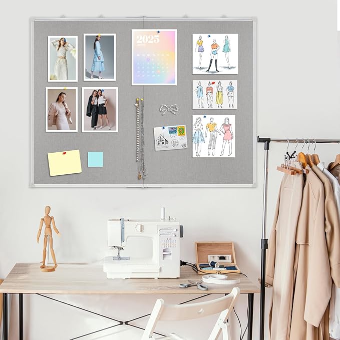AMUSIGHT Double-Sided Large Cork Board with Linen, 60" x 40" Foldable Hanging Aluminum Framed Bulletin Board, Vision Board Pin Board Corkboards for Walls, Office, School Decor, 20 Pushpins