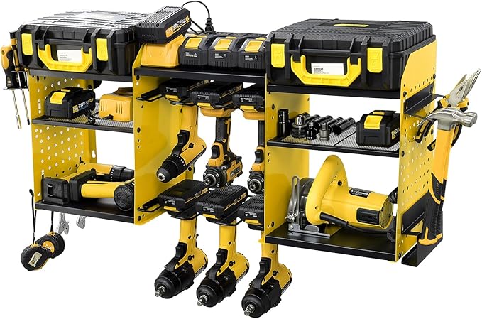 ERVNYNT 3 layers power tool organizer Loads 150lbs with 6 Cordless Drill Holder and 6 Outlet Power Strip,it’s good choice for husband birthday gift,yellow