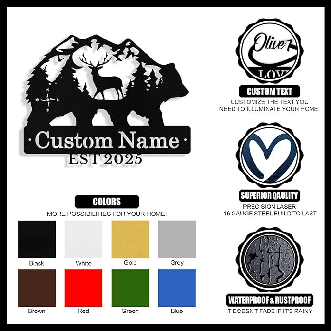 Custom Bear & Deer Metal Sign, Custom Bear Metal Wall Art Decor, Personalized Last Name Signs for Home, Rustic Farmhouse Black Wall Decor for Cabin, Bedroom, Living Room