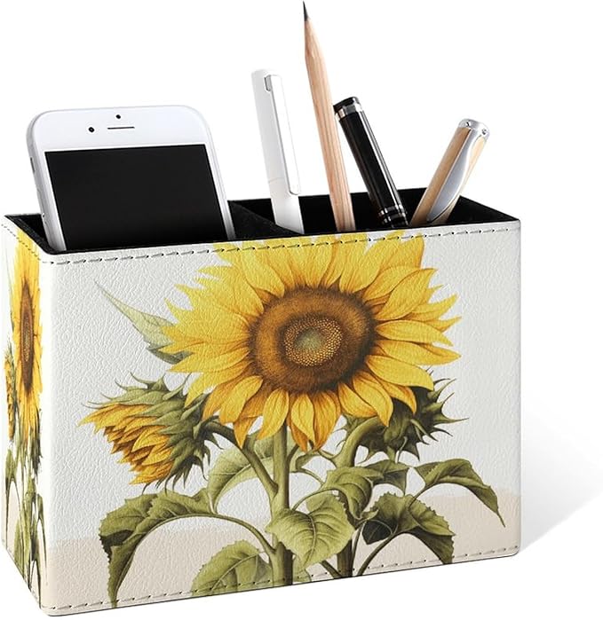 Famame Large Sunflower with Leaves Pencil Holder for Desk, Leather Desktop Container Pen Cup Storage Study Table Pen Organizer Makeup Brush Holder for Classroom Office Home