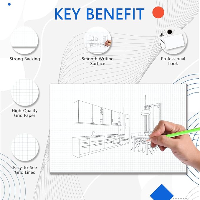 Large Engineering Graph Paper Pad - 60 Sheets/120 Pages, 17" x 11" Quadrille Grid Paper for Drafting, Engineering, Blueprint Drawing, Architect Designers, 4"x4" Blue Grid Paper, Giant Drafting Pad