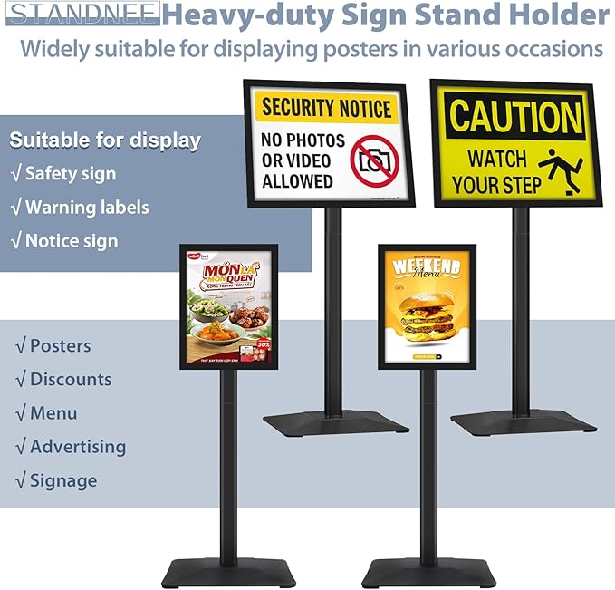STANDNEE Heavy-duty 8.5x11 in Sign Stand Holder Floor Stand Sign, Poster Display Standing Signs with PVC Magnetic Frame & Heavy-duty pedestal, Black