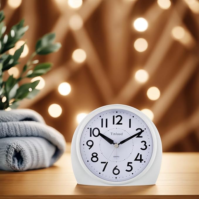 Tinload 5.5" Large Analog Alarm Clock Silent Non Ticking, Gentle Wake, Beep Sounds, Increasing Volume, Battery Operated Snooze and Manual Light, Easy Set,White(Best for Elder)