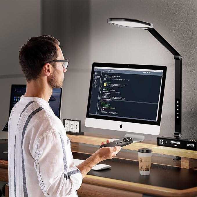 Desk Lamps for Home Office, 2000LM Eye-Caring Desk Light with Clamp, Dimmable Zoom Lighting with 3 Colors & 10 Brightness, Remote Computer Ring Light for Video Calls,Conference, Reading, CRI>95
