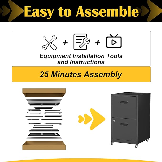 SteeLoong 2 Drawer File Cabinet with Lock，Black Rolling File Cabinet for Home Office, Metal Small Mobile Filing Cabinets on Wheels for Hanging Letter