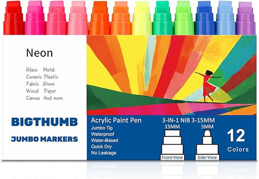 BIGTHUMB Jumbo Graffiti Poster Markers Set: 12 Neon Colors Large 15mm Wide Tip Permanent Ink Thick Acrylic Paint Pens for Rock Painting, Stone, Glass, Wood, Ceramic, Metal, Plastic, Fabric