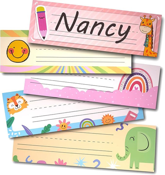 HeXueLy 40 PCS Desk Name Tags for Students - 9x3 Inch Classroom Name Plates, 5 Designs for Preschool, Kindergarten, 1st-3rd Grade - Bright & Fun School Supplies