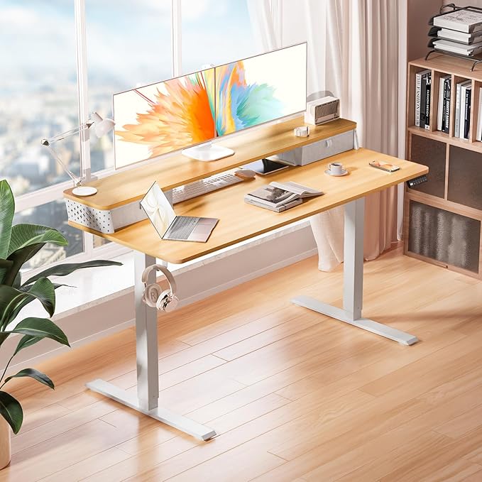 Kingant 55 x 24 Inch Electric Standing Desk with Dual Drawers, Height Adjustable Sit to Stand Computer Desk with Storage Shelf and C-Clamp Mount Compatibility for Home Office, Nature
